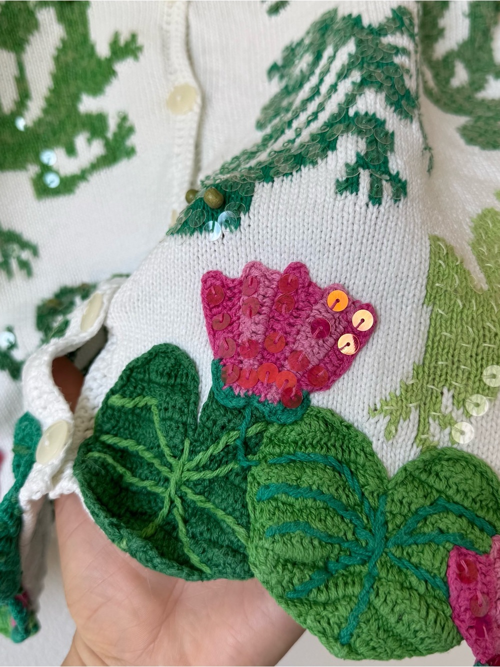 Vintage Janes Closet Frog Lily Pad Sequin Cardigan Sweater Art to Wear - Picture 8 of 12
